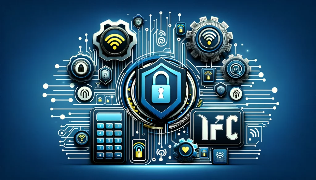 A modern, technological themed image depicting symbols of security, such as locks and shields, intertwined with NFC symbols and waves, illustrating the concept of protecting digital data against NFC security risks.