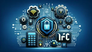 A modern, technological themed image depicting symbols of security, such as locks and shields, intertwined with NFC symbols and waves, illustrating the concept of protecting digital data against NFC security risks.