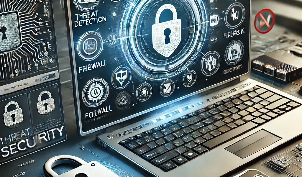 Secure Windows computer with shield, lock, and firewall icons, indicating cybersecurity.