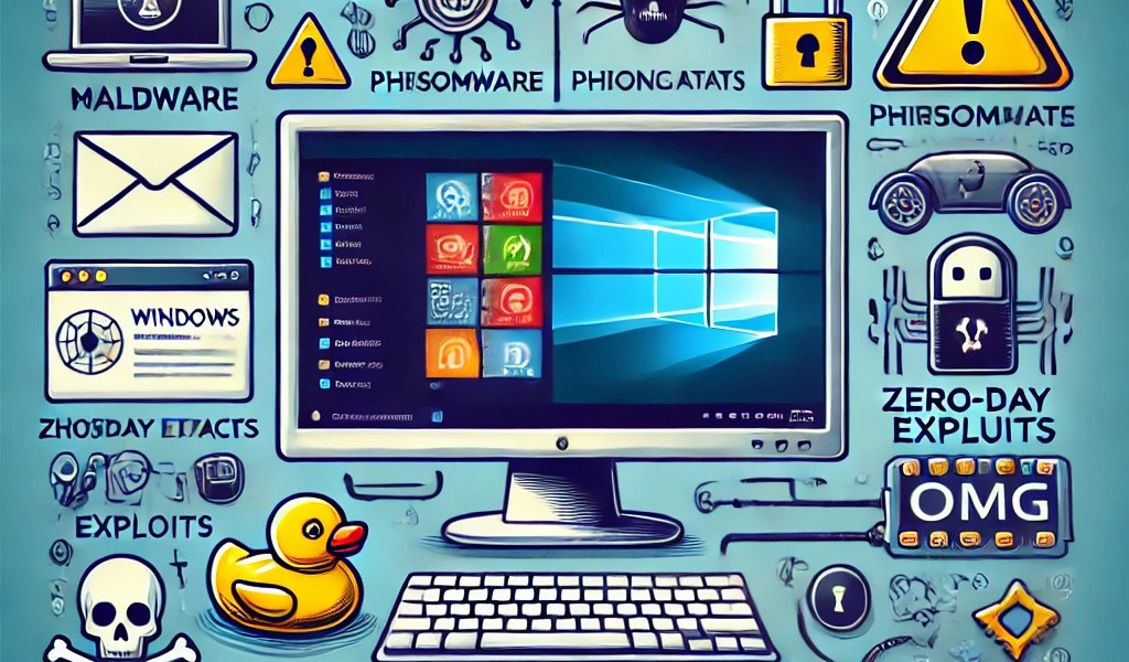 Ai Generated Image of a Windows system showing symbols for various cybersecurity threats.