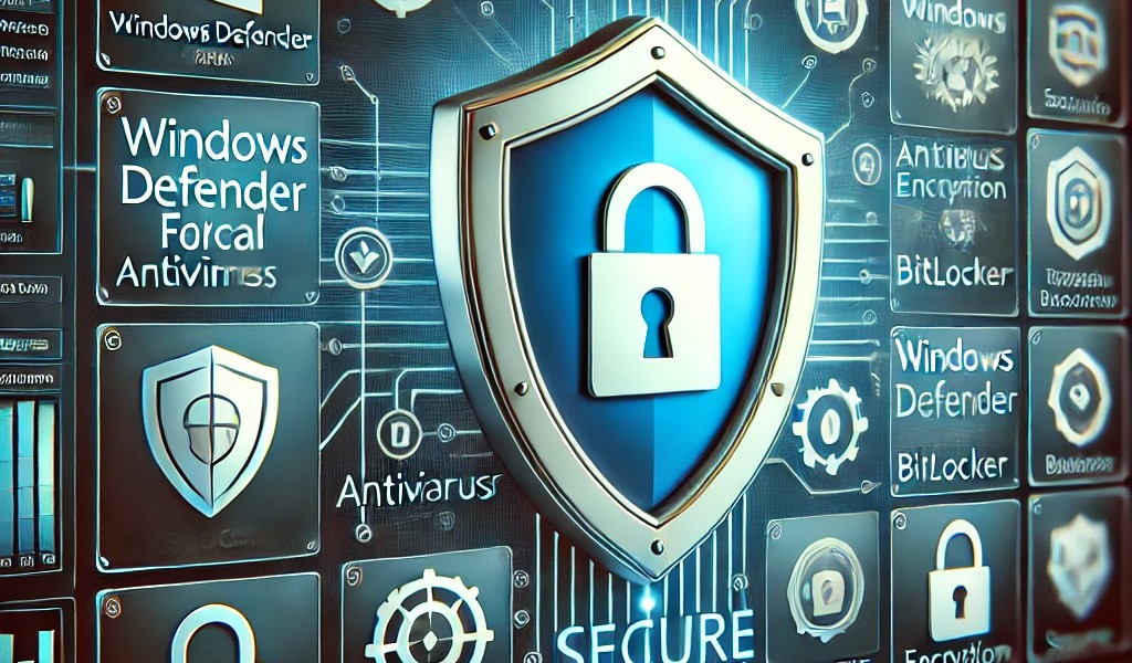 Ai Generated Image of Windows security configuration with icons for Firewall, Antivirus, and BitLocker.