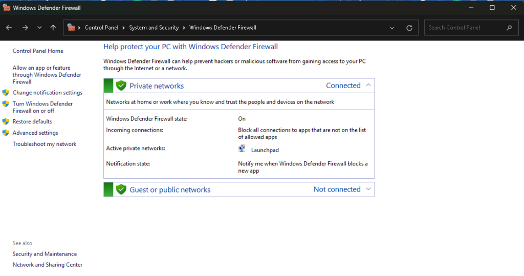 Screenshot of Windows Defender security settings and protection features.